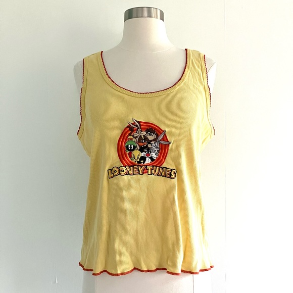 Vintage Tops - Vintage 90’s Looney Tunes embroidered yellow ribbed tank top shirt
